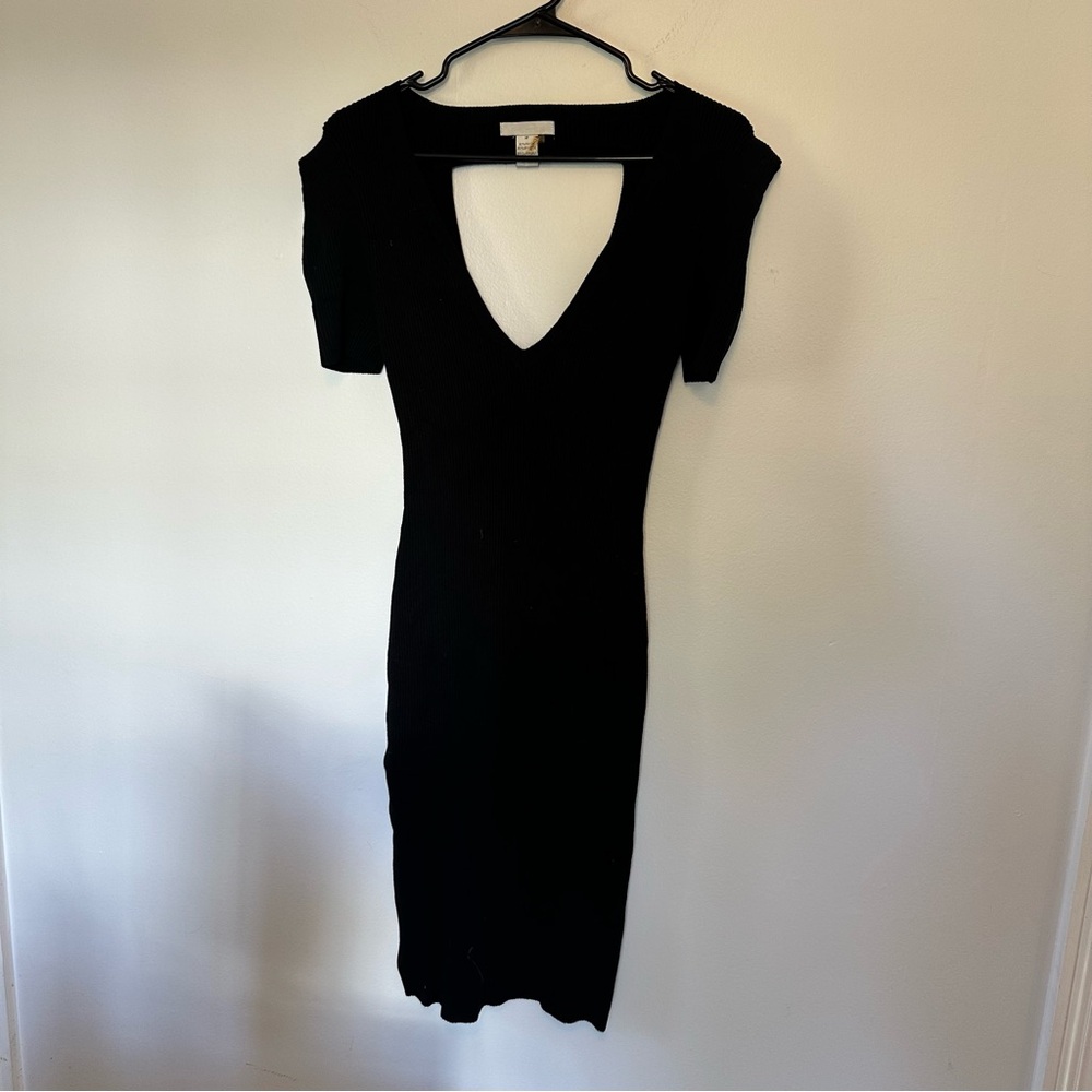 Black Ribbed Open Back Cutout V-Neck Bodycon Mini Dress Medium LBD